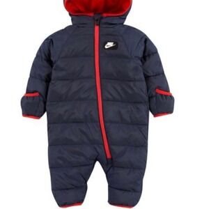 Nike Baby Puffer 1-Piece Snowsuit navy blue red zipper inner hood‎ lining 9M